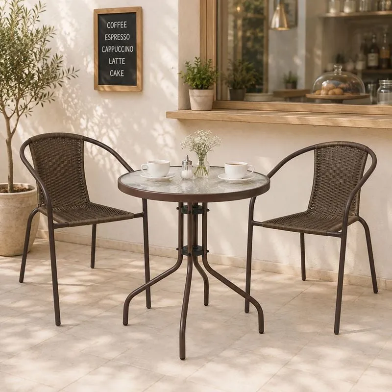 BALENO-W Set (Table D60cm+2 Armchairs) Metal Brown/Wicker Brown