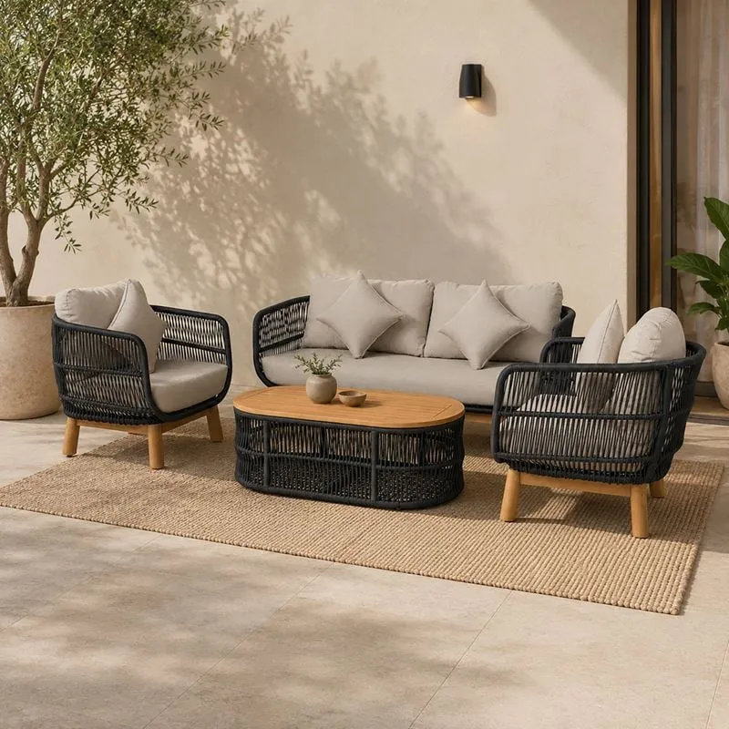 MARK Set Σαλόνι Κήπου 4 τεμαχίων Acacia Φυσικό, Rope Wicker Μαύρο, Μαξιλάρια Μπεζ