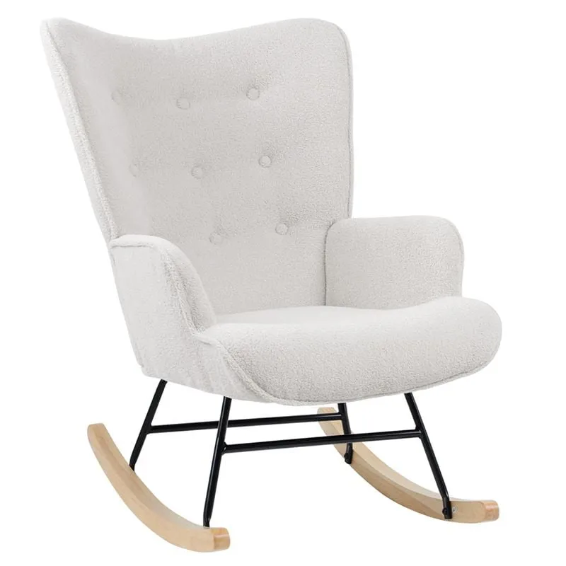 ALMA Rocking Armchair Teddy White Fabric/Black Frame/Natural Base (K/D)