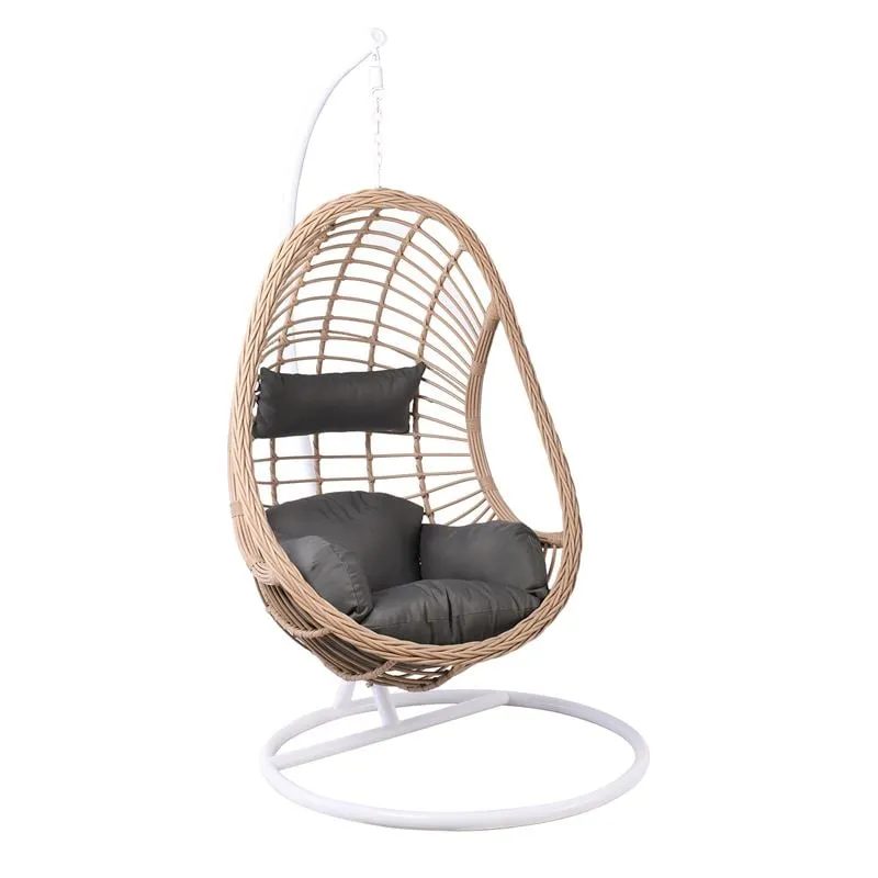 MACAN-II Κρεμαστή Πολυθρόνα, PE Wicker Natural, Μέταλλο Βαφή Άσπρο, Μαξιλάρι Σκ.Γκρι