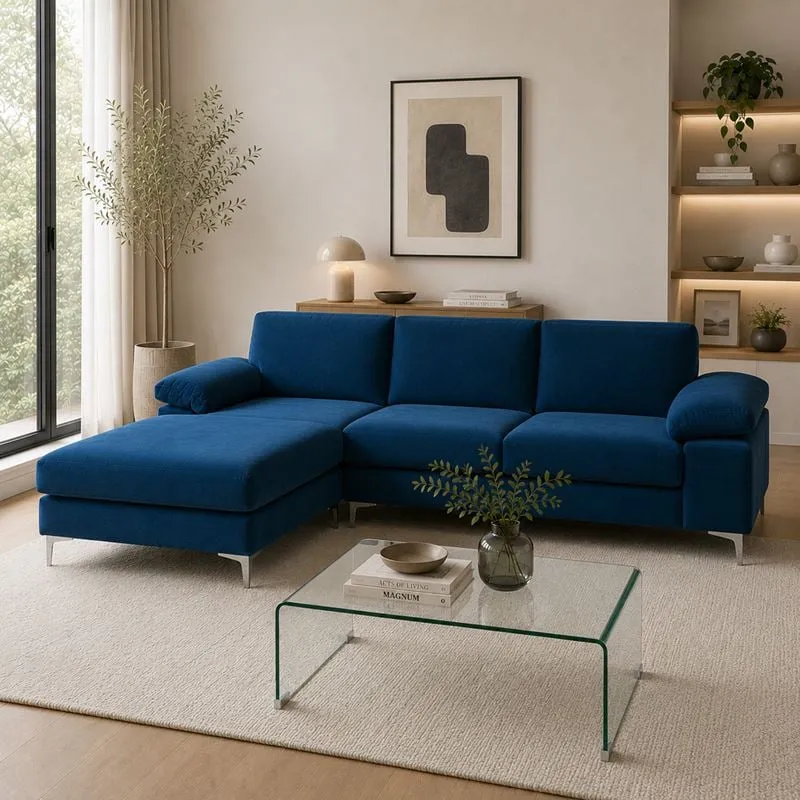 ALEX Corner Sofa Fabric Navy Blue Velure (Right Sitting Chaise)
