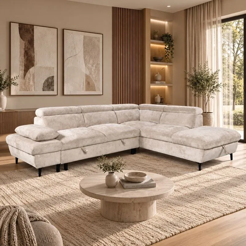 DANILO Right Facing Corner Sofabed with Storage/Water Repellent Fabric Beige