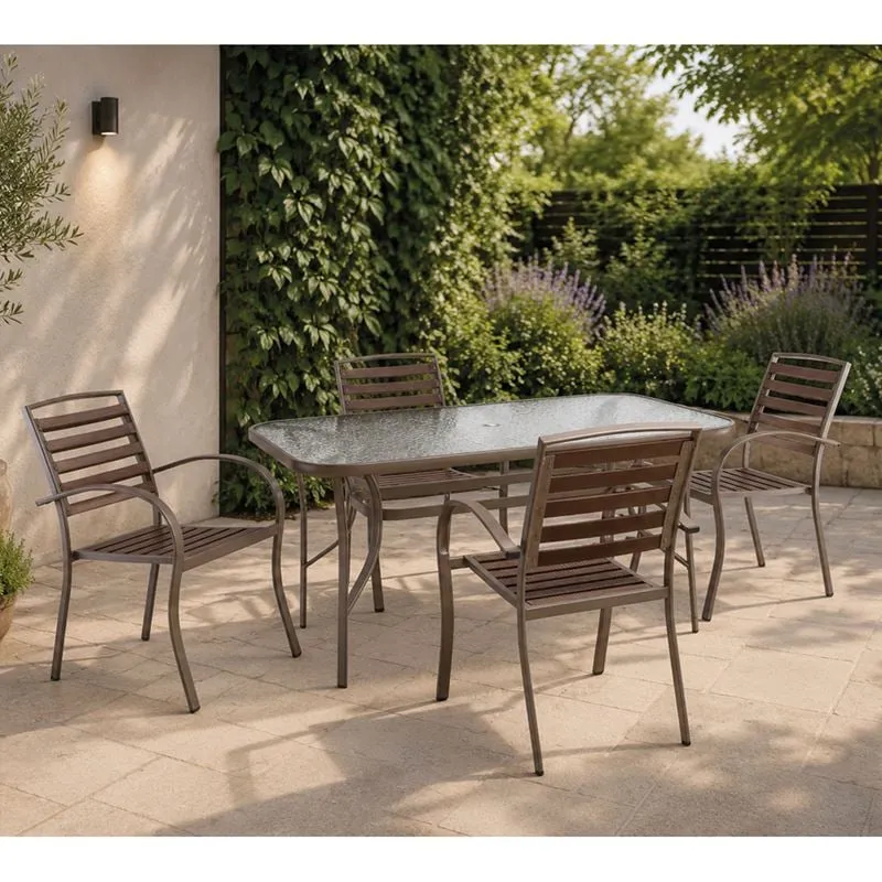 SERRANO-RIO Set (Table 150x90cm+ 4 Armchairs) Metal Beige/Polywood Walnut