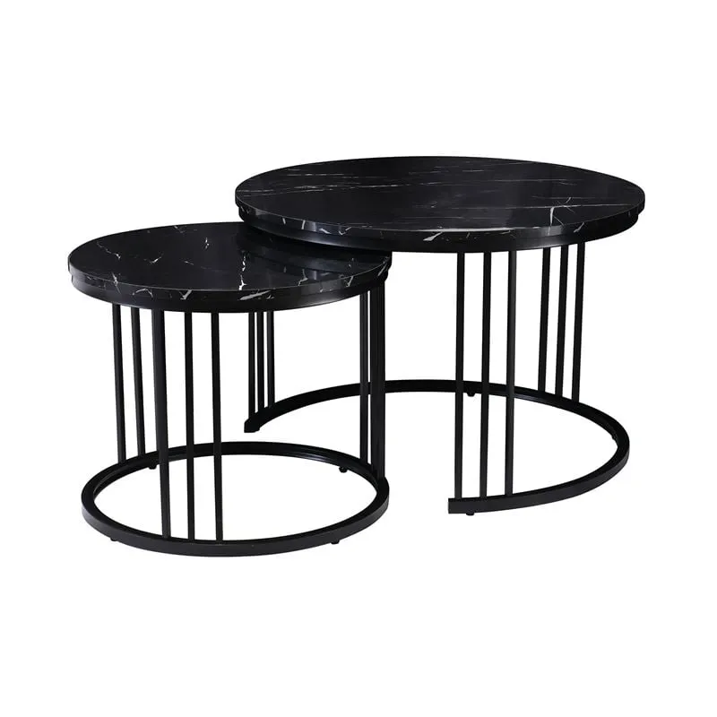 BOZZO Set-2 Coffee Tables D.50cm+D.70cm Metal Black/Mdf Black Marble