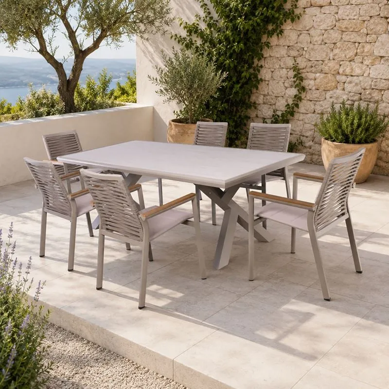 SIERRA Set Τραπεζαρία: Τραπέζι +6 Πολυθρόνες, Αλουμίνιο Μπεζ, Επιφάνεια PSP Απόχρωση Greige