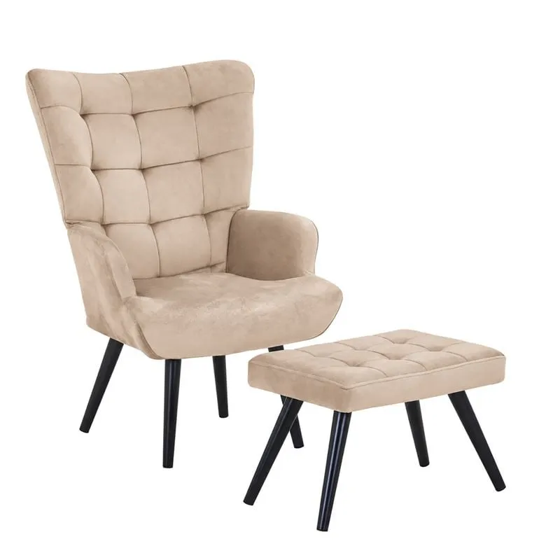 LOBBY Set Armchair & Stool Metal Black, Fabric Velure Beige