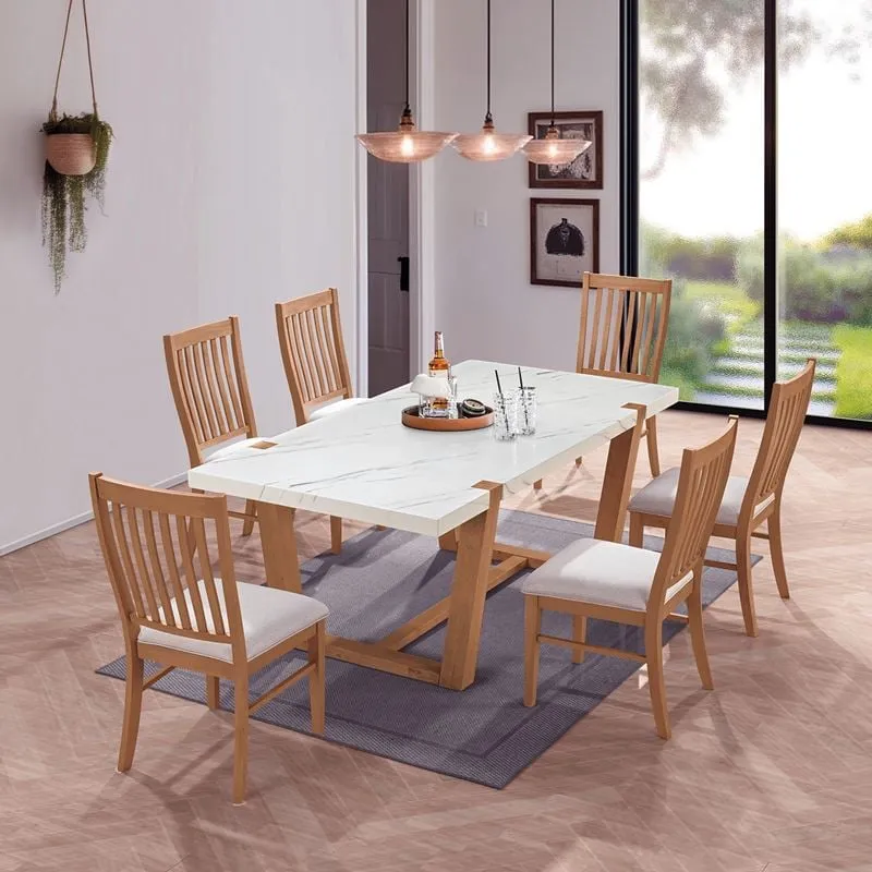 COMET Set (Table 200x100+6 Chairs) Natural, MDF White Marble, Fabric White